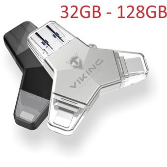 VIKING USB FLASH DISK 3.0 4v1 32GB, S KONCOVKOU APPLE LIGHTNING, USB-C, MICRO USB, USB3.0, černá