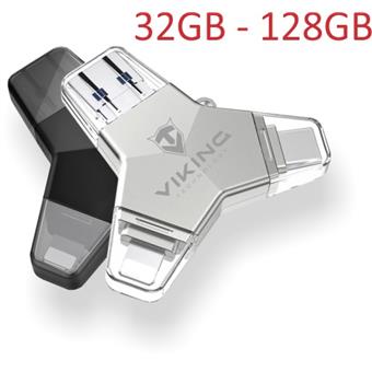 VIKING USB FLASH DISK 3.0 4v1 64GB, S KONCOVKOU APPLE LIGHTNING, USB-C, MICRO USB, USB3.0, stříbrná