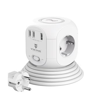 Síťový adaptér Viking AC Cube W33 /3xAC/1xUSB-A/2xUSB-C/Nabíjení Wireless/Tlačítko On/Off