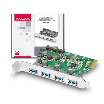 AXAGON PCEU-430V, PCIe adaptér, 4x USB3.0, UASP, nabíjení 3A