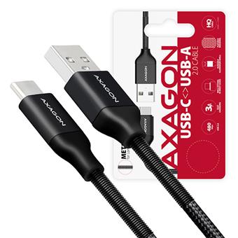 AXAGON BUCM-AM20SB, SPRING kabel USB-C <-> USB-A, 2m, 3A, oplet, černý