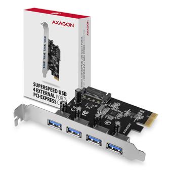 AXAGON PCEU-430VL, PCIe řadič, 4x USB 3.2 Gen 1 port, 5 Gbps, SATA napájení, SP