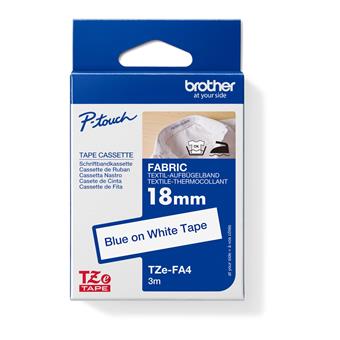 TZE-FA4, biela / modrá, 18 mm, zažehľovacia páska