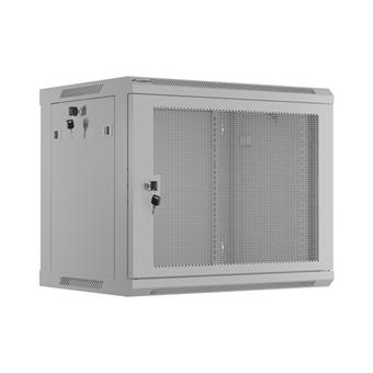 NÁSTĚNNÁ INSTALAČNÍ SKŘÍŇ 19" 9U 600X450 ŠEDÉ PERFOROVANÉ DVEŘE - PLOCHÉ BALENÍ