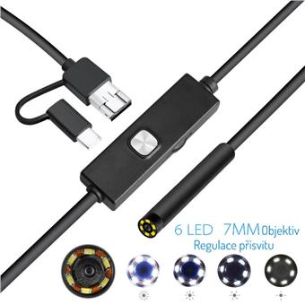 USB endoskopická kamera průměr 7mm, kabelem 2m a zrcátkem i pro mobil