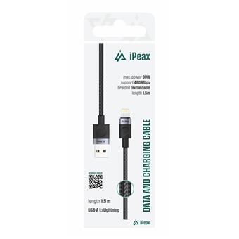 TEXTILNÍ KABEL USB-A/LIGHTNING 1,5M, USB 2.0 ČERNÝ