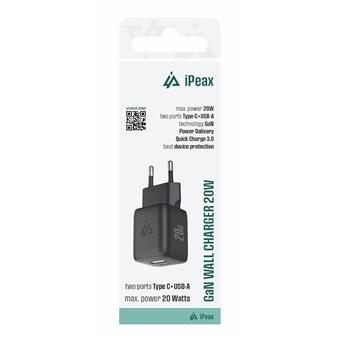 GaN SIEŤOVÁ NABÍJAČKA 20W (USB-C + USB-A) ČIERNA
