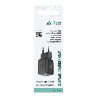 GaN SÍŤOVÁ NABÍJEČKA 45W (USB-C + USB-A) ČERNÁ