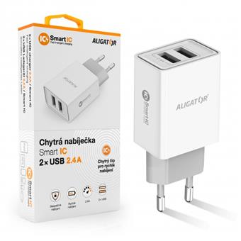 ALIGATOR Chytrá síťová nabíječka 2,4A, 2xUSB, smart IC, bílá