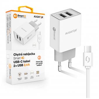 ALIGATOR Chytrá síťová nabíječka 2,4A, 2xUSB, smart IC, bílá, USB-C kabel