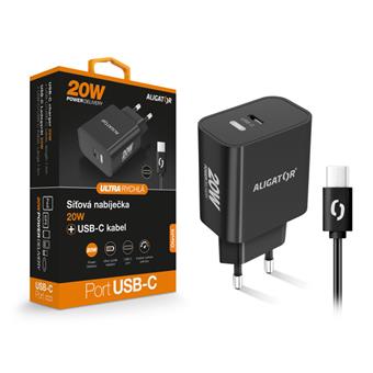Chytrá síťová nabíječka ALIGATOR Power Delivery 20W, USB-C/USB-C kabel, černá