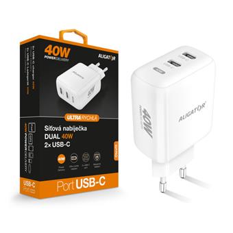 Chytrá síťová nabíječka ALIGATOR Power Delivery 40W, 2xUSB-C, bílá