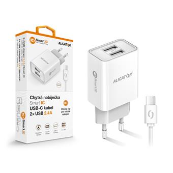 Chytrá síťová nabíječka ALIGATOR 2,4A, 2xUSB, smart IC, bílá, USB-C kabel
