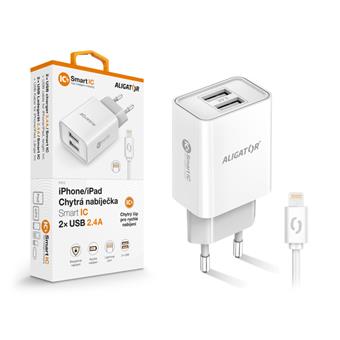 Múdra sieťová nabíjačka ALIGATOR 2,4A, 2xUSB, smart IC, biela, USB kábel pre iPhone / iPad