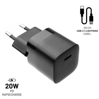 Set nabíječky FIXED Mini s USB-C výstupem a USB-C/Lightning kabelu, podpora PD, 1 metr, 20W, černý