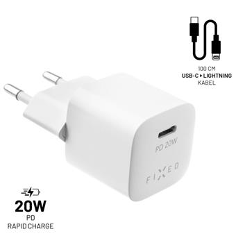 Set nabíječky FIXED Mini s USB-C výstupem a USB-C/Lightning kabelu, podpora PD, 1 metr, 20W, bílý