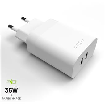 Síťová nabíječka FIXED s 2x USB-C výstupem, podpora PD, 35W, bílá