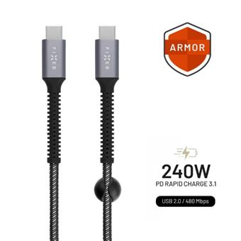 Odolný kabel FIXED Armor s konektory USB-C/USB-C a podporou PD, 1.2 m, USB 2.0, 240W, šedý